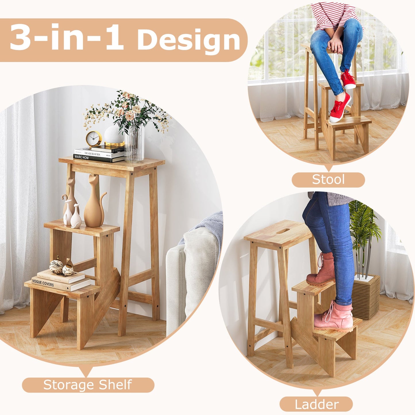 3-in-1 Folding Step Stool Ladder - Natural Rubber Wood