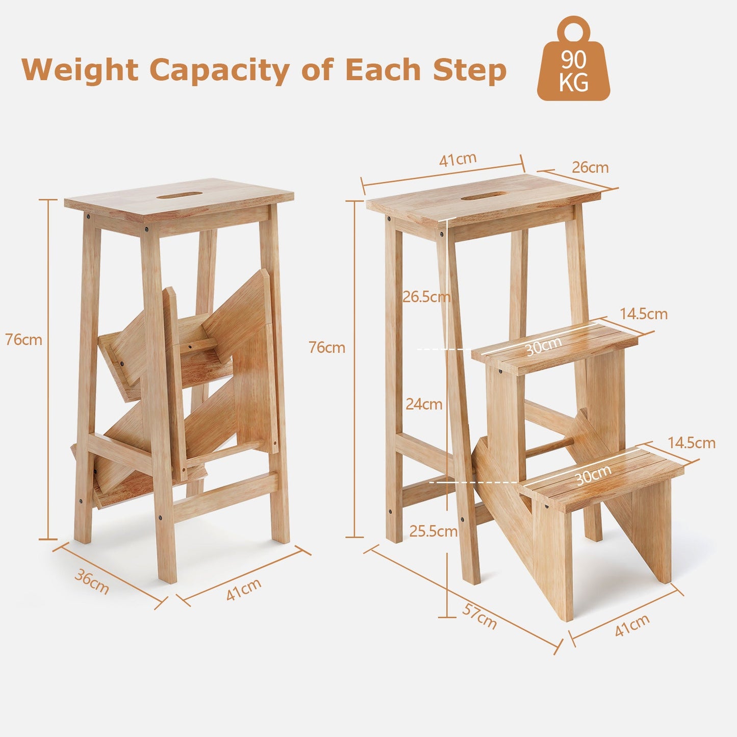 3-in-1 Folding Step Stool Ladder - Natural Rubber Wood