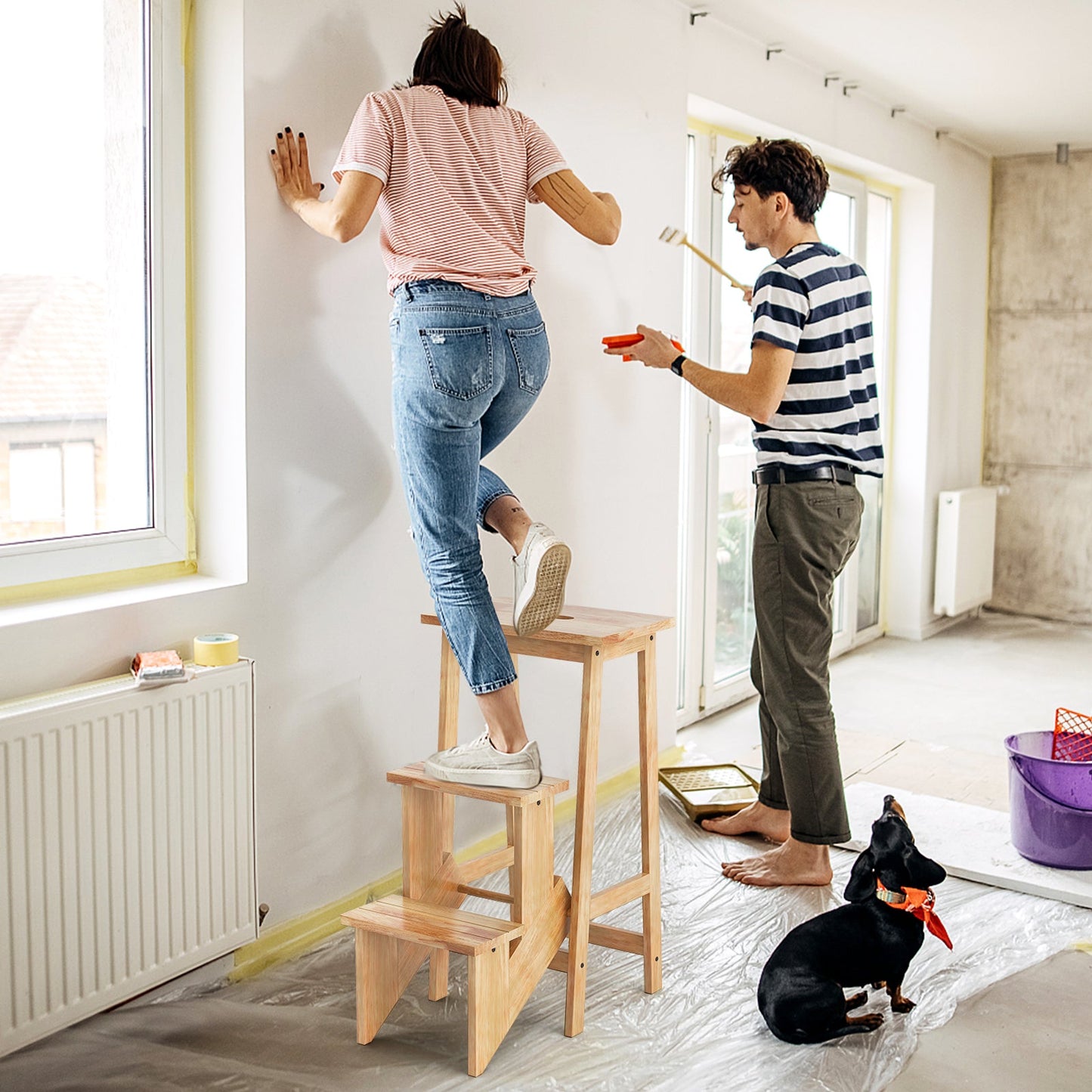 3-in-1 Folding Step Stool Ladder - Natural Rubber Wood