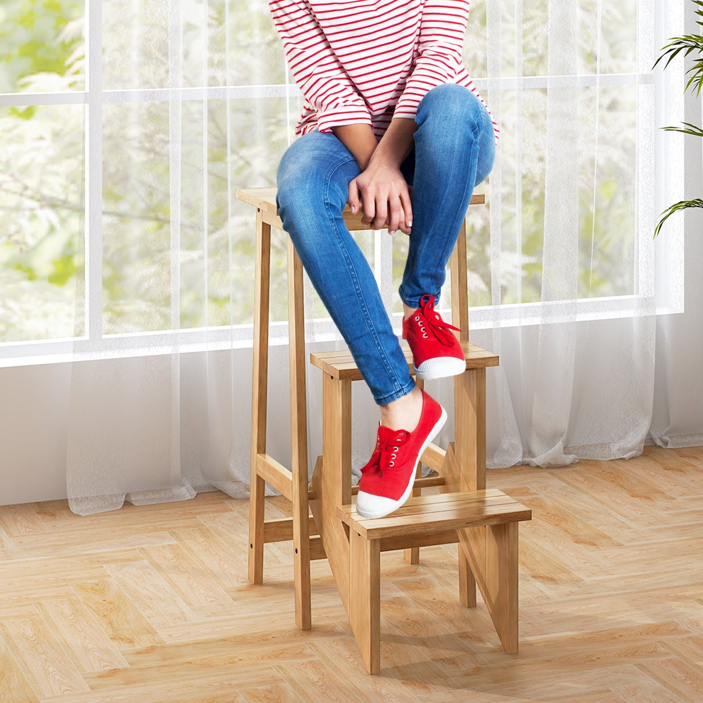 3-in-1 Folding Step Stool Ladder - Natural Rubber Wood