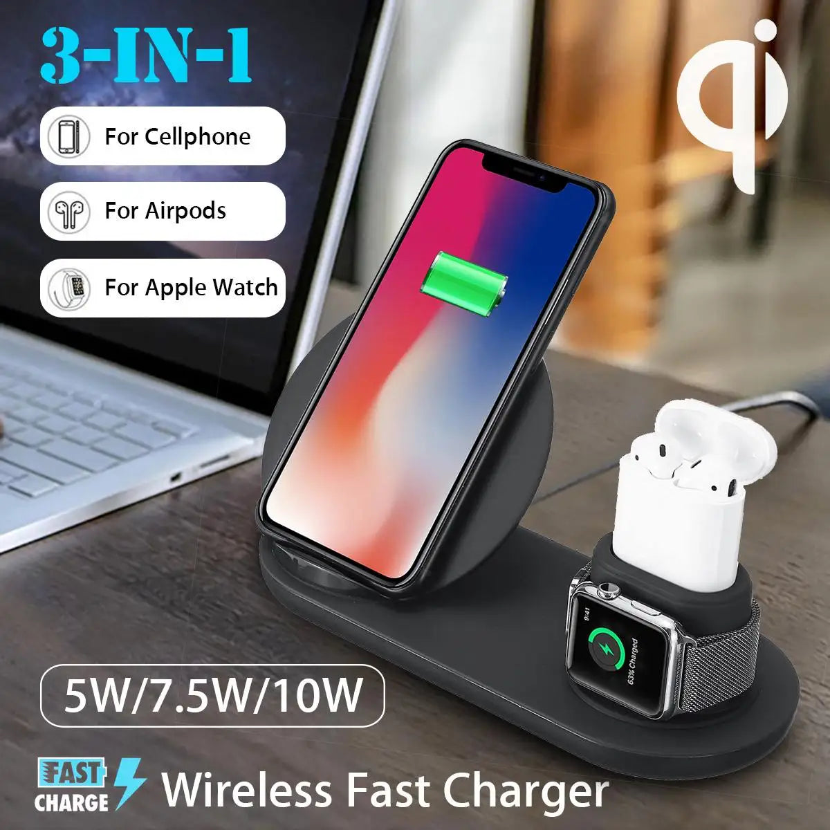 Dock de Carga Inalámbrico Qi 3 en 1 para Apple Watch, iPhone y AirPods