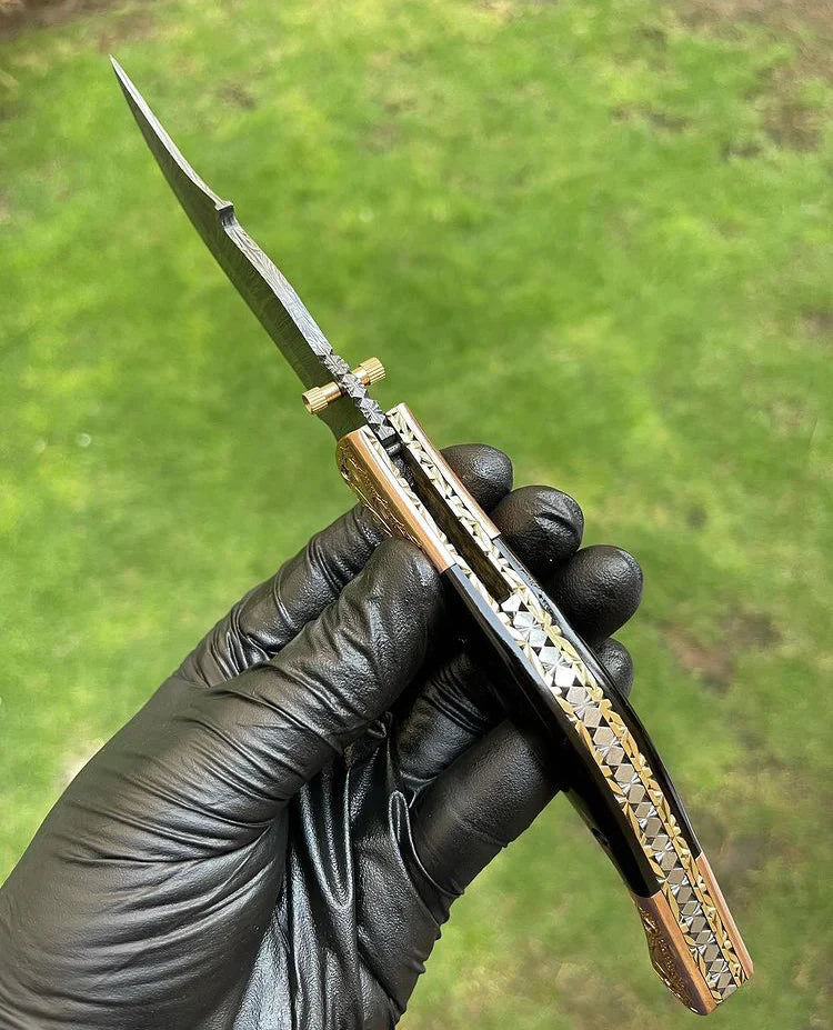 Artisan Crafted Damascus Steel EDC Folding Knife with Colorful Bone Handle & Brass Inlay - Includes Leather Sheath - Korvel