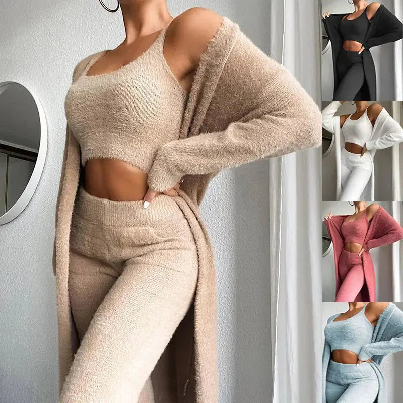 Ensemble de vêtements pour femmes en 3 pièces : top court, pantalon skinny et manteau long