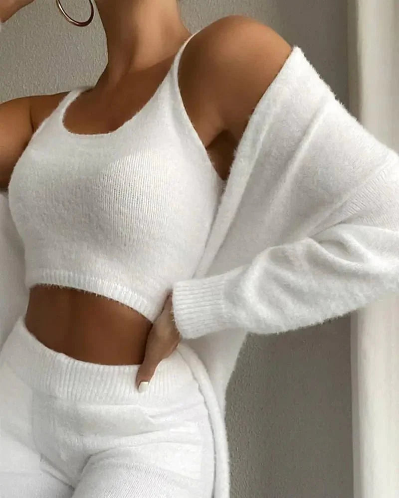Ensemble de vêtements pour femmes en 3 pièces : top court, pantalon skinny et manteau long