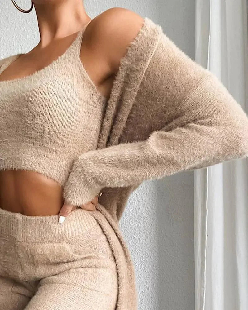 Ensemble de vêtements pour femmes en 3 pièces : top court, pantalon skinny et manteau long