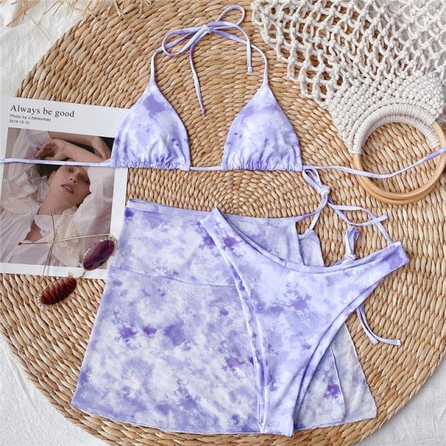 Ensemble de bikini taille haute pour femmes en 3 pièces avec jupe enveloppante