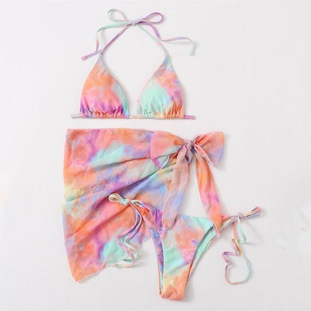 Ensemble de bikini taille haute pour femmes en 3 pièces avec jupe enveloppante