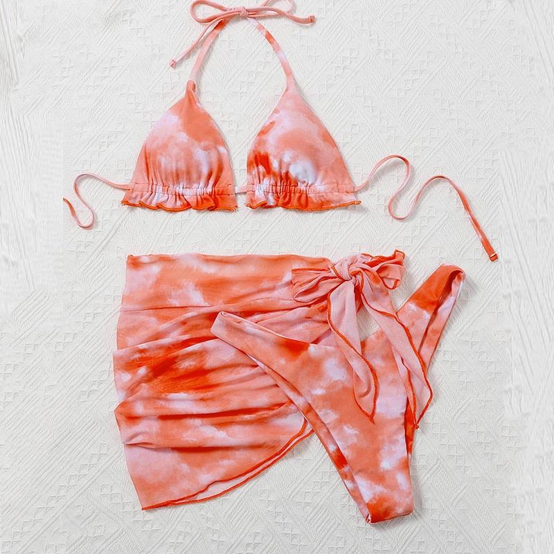 Ensemble de bikini taille haute pour femmes en 3 pièces avec jupe enveloppante