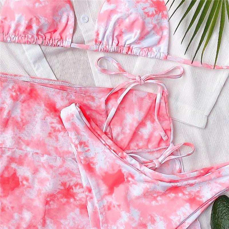 Ensemble de bikini taille haute pour femmes en 3 pièces avec jupe enveloppante