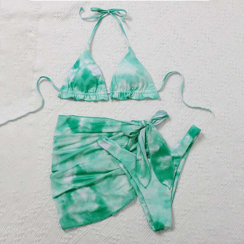 Ensemble de bikini taille haute pour femmes en 3 pièces avec jupe enveloppante