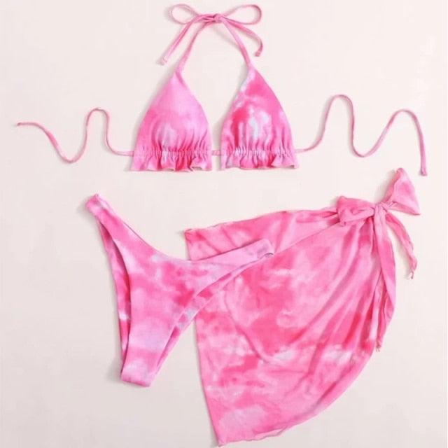 Ensemble de bikini taille haute pour femmes en 3 pièces avec jupe enveloppante