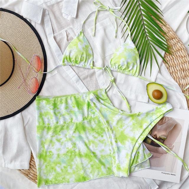 Ensemble de bikini taille haute pour femmes en 3 pièces avec jupe enveloppante