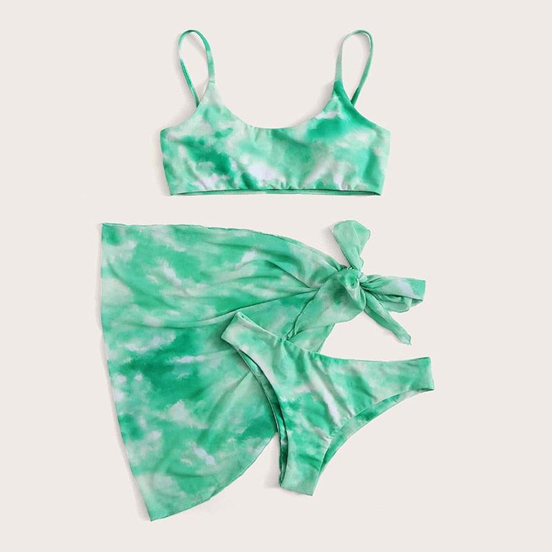 Ensemble de bikini taille haute pour femmes en 3 pièces avec jupe enveloppante