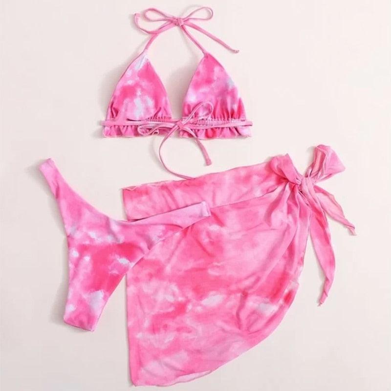 Ensemble de bikini taille haute pour femmes en 3 pièces avec jupe enveloppante
