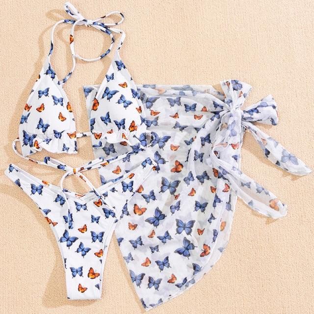 Ensemble de bikini taille haute pour femmes en 3 pièces avec jupe enveloppante