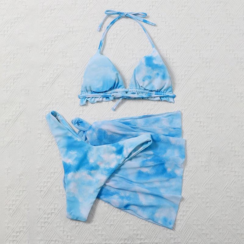 Ensemble de bikini taille haute pour femmes en 3 pièces avec jupe enveloppante