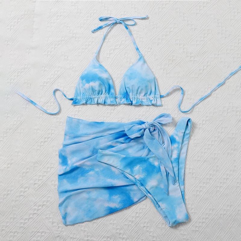 Ensemble de bikini taille haute pour femmes en 3 pièces avec jupe enveloppante