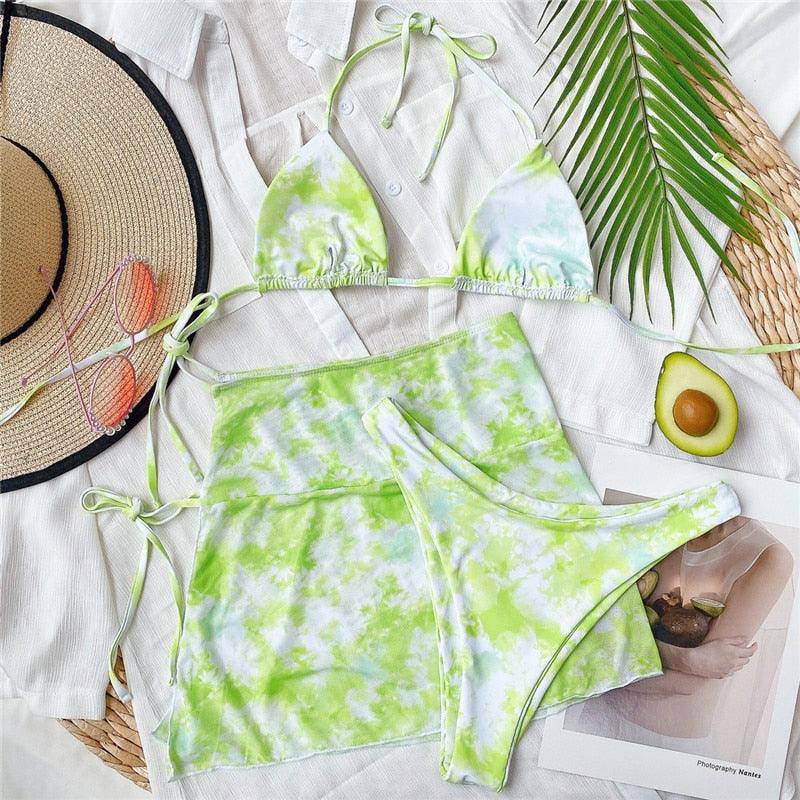 Ensemble de bikini taille haute pour femmes en 3 pièces avec jupe enveloppante
