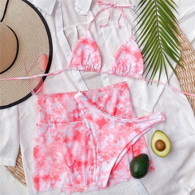 Ensemble de bikini taille haute pour femmes en 3 pièces avec jupe enveloppante