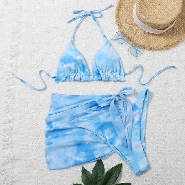 Ensemble de bikini taille haute pour femmes en 3 pièces avec jupe enveloppante