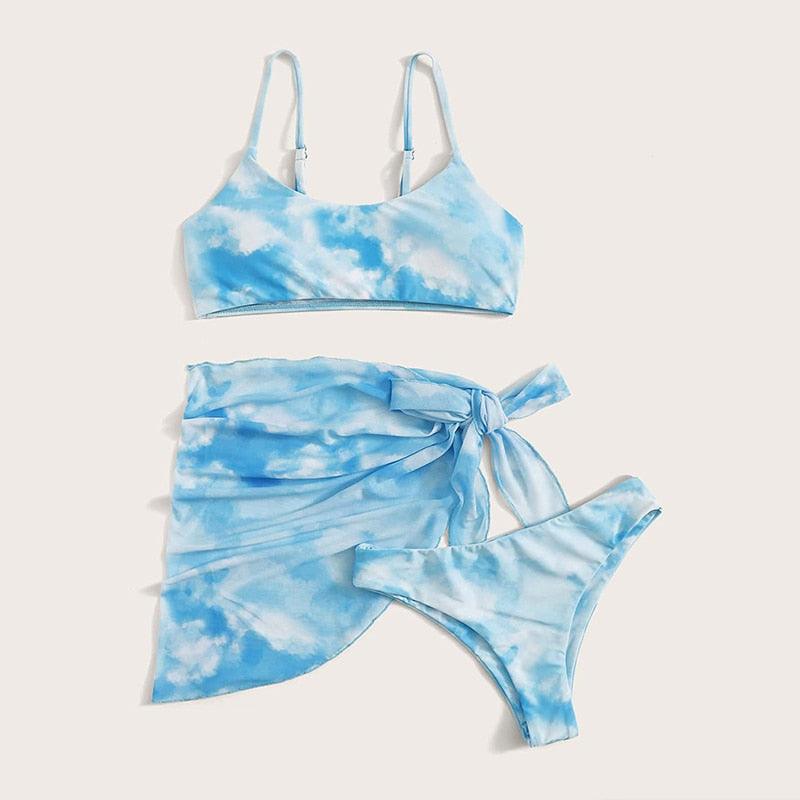 Ensemble de bikini taille haute pour femmes en 3 pièces avec jupe enveloppante