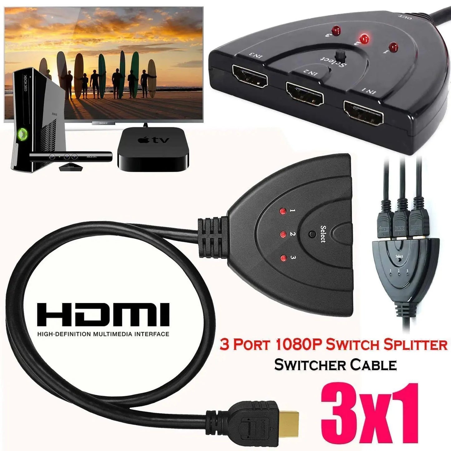 Cable Divisor HDMI de 3 Puertos para 1080p/4K - Adaptador Hub Versátil