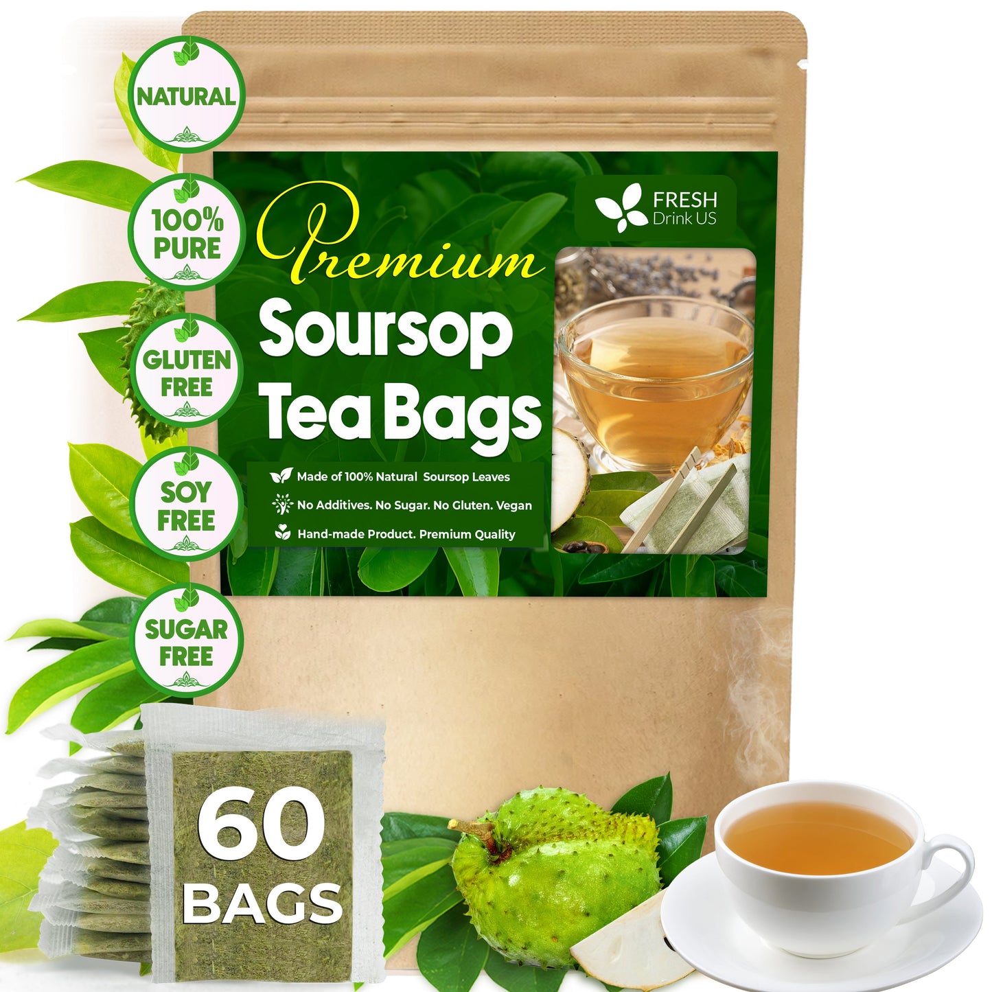 Premium Soursop Leaves Tea bags, Dried Soursop Leaves, Soursop Leaf Powder, Guanabana Leaves Tea, Hoja Guanabana Tea - Korvel