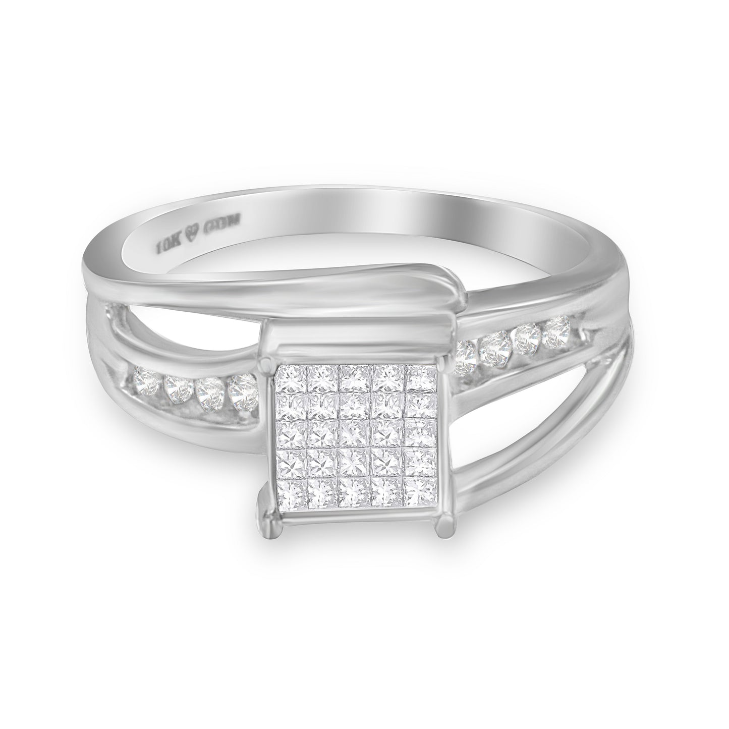 10K White Gold Princess-Cut Diamond Cluster Bypass Ring - Size 7