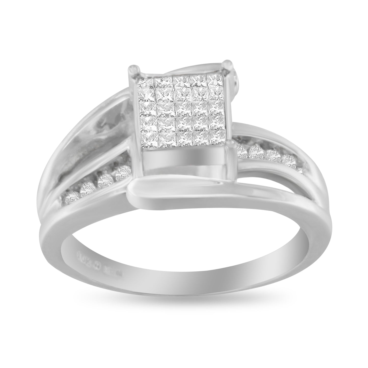 10K White Gold Princess-Cut Diamond Cluster Bypass Ring - Size 7