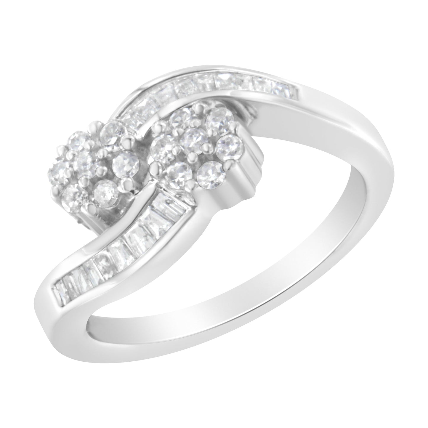14K White Gold Round and Baguette Diamond Bypass Ring - Size 6