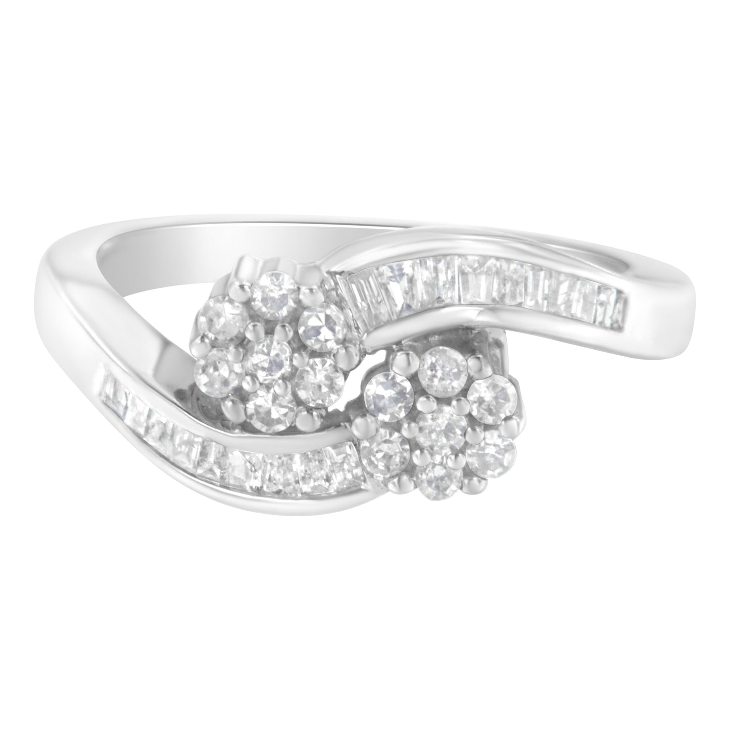 14K White Gold Round and Baguette Diamond Bypass Ring - Size 6