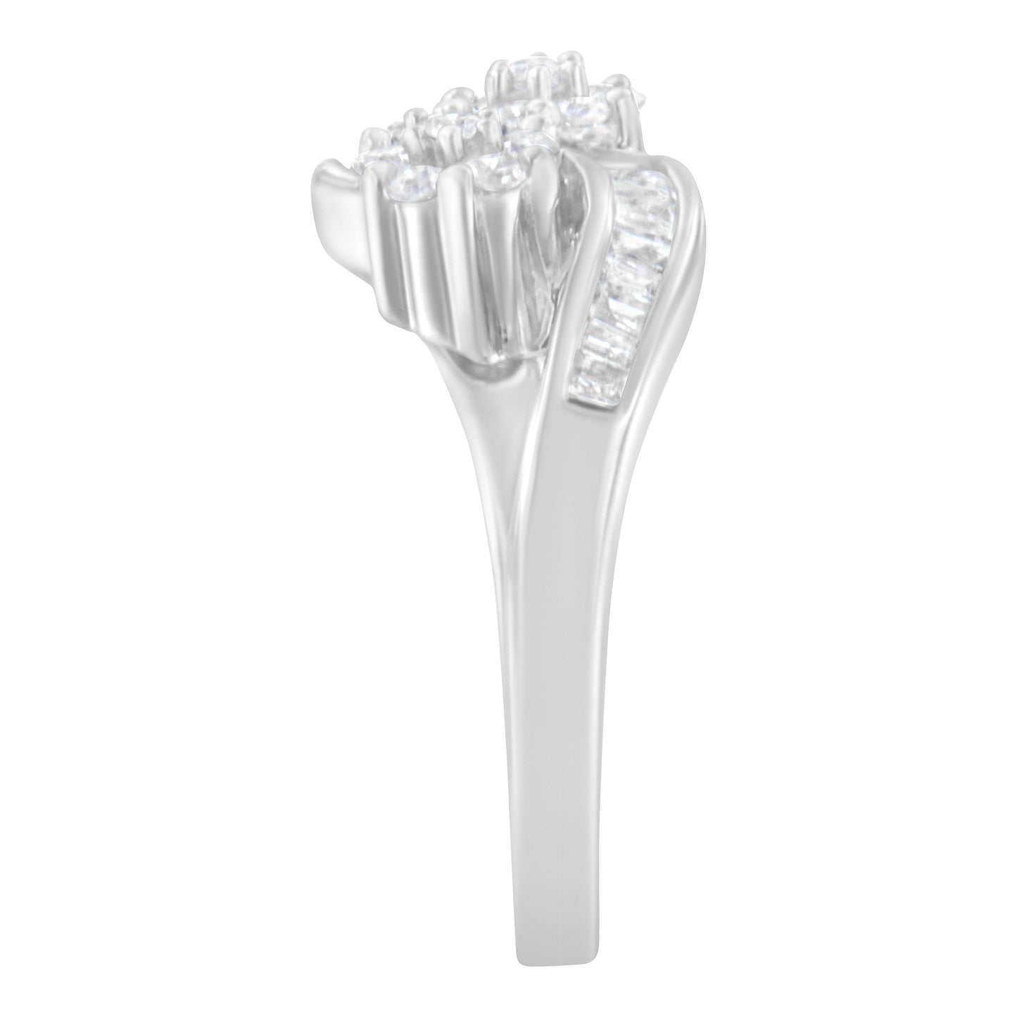14K White Gold Round and Baguette Diamond Bypass Ring - Size 6