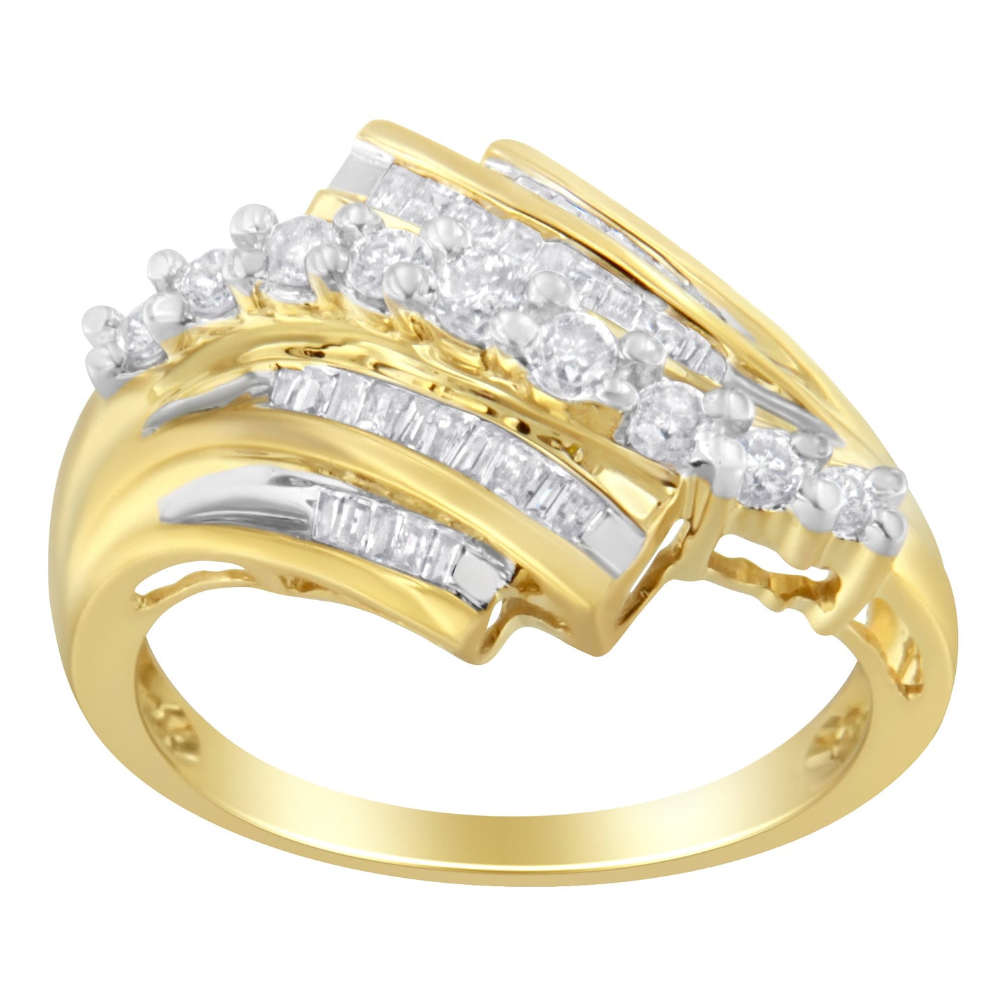 10K Yellow Gold Round and Baguette Diamond-Cut Engagement Ring - Size 7