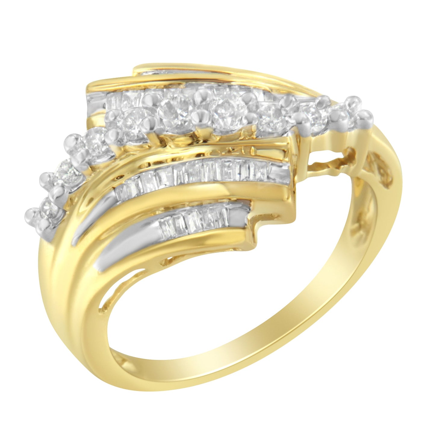 10K Yellow Gold Round and Baguette Diamond-Cut Engagement Ring - Size 7