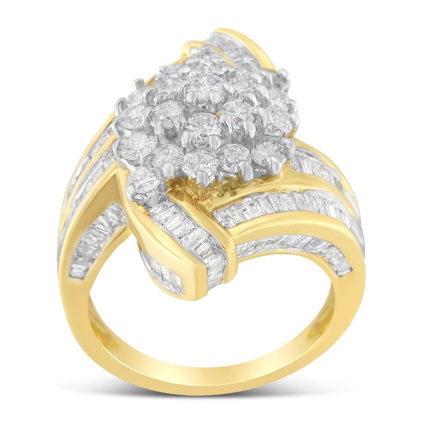 Bague en diamant croisée en or jaune 10K avec diamants ronds et baguette - Taille 7-1/2