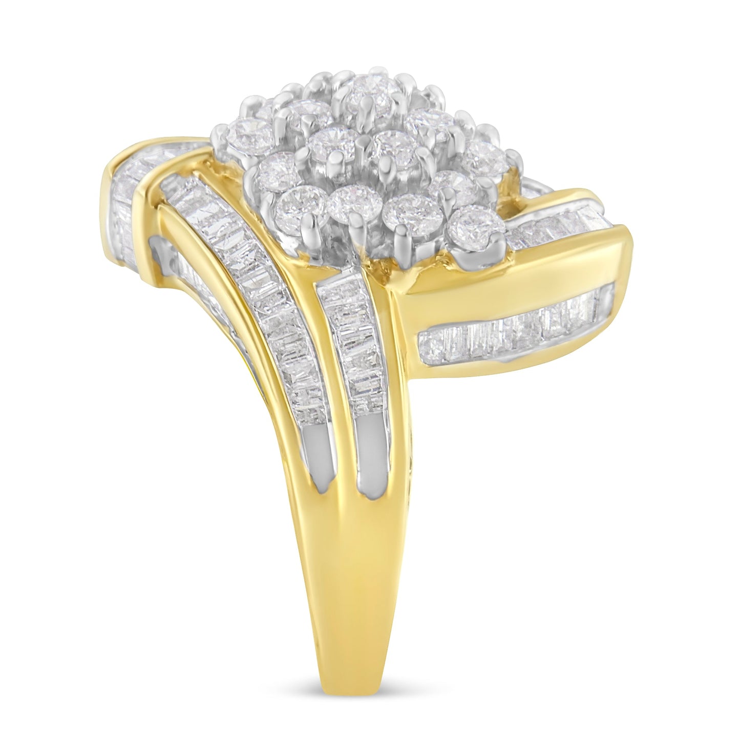 Bague en diamant croisée en or jaune 10K avec diamants ronds et baguette - Taille 7-1/2