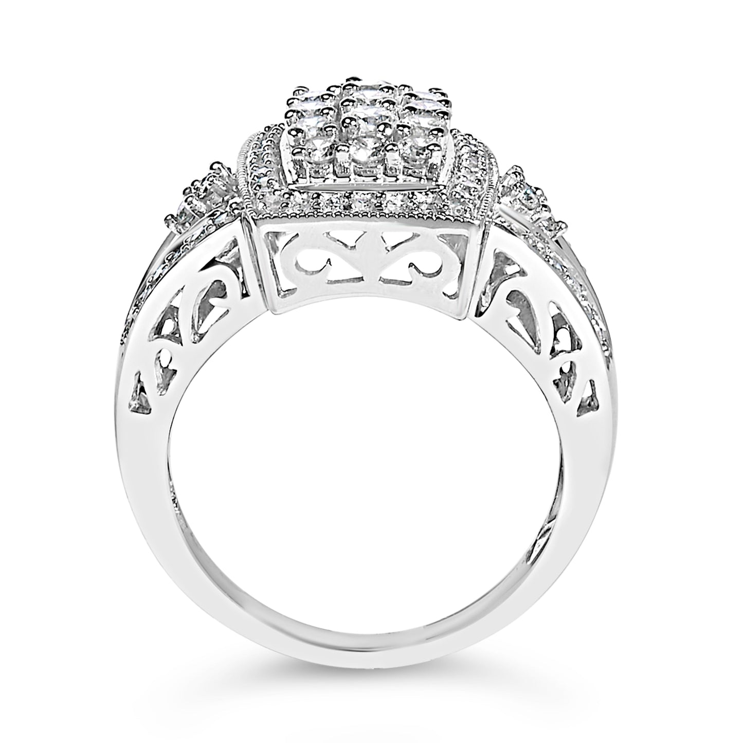 Anillo de cóctel de diamantes en oro blanco de 10K con halo de cojín de 1.0 Cttw - Talla 7