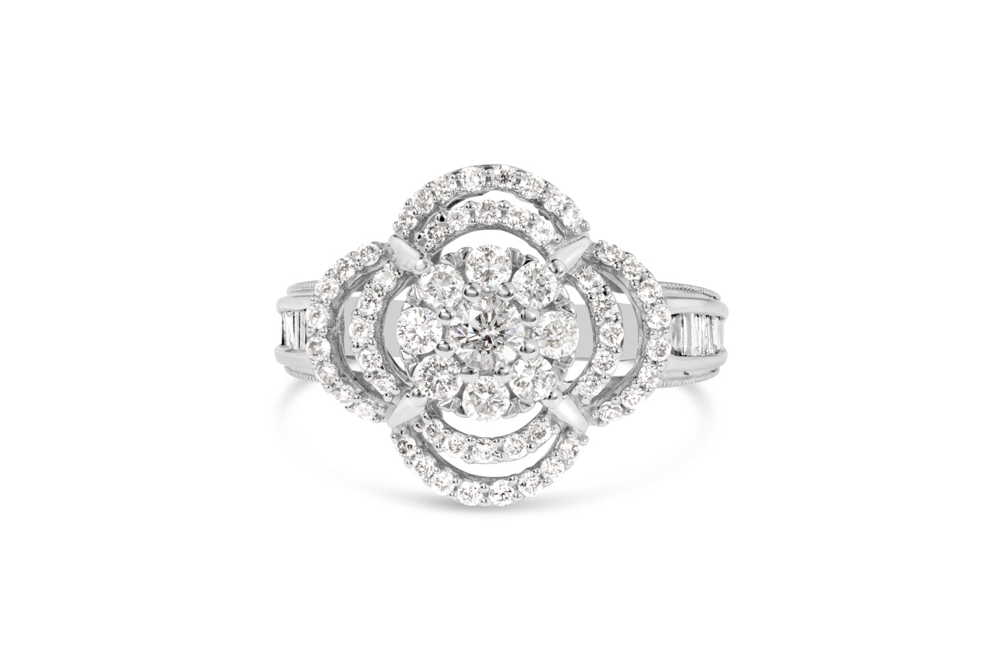 14K White Gold Diamond Floral Cluster Quatrefoil Ring - Size 6.75