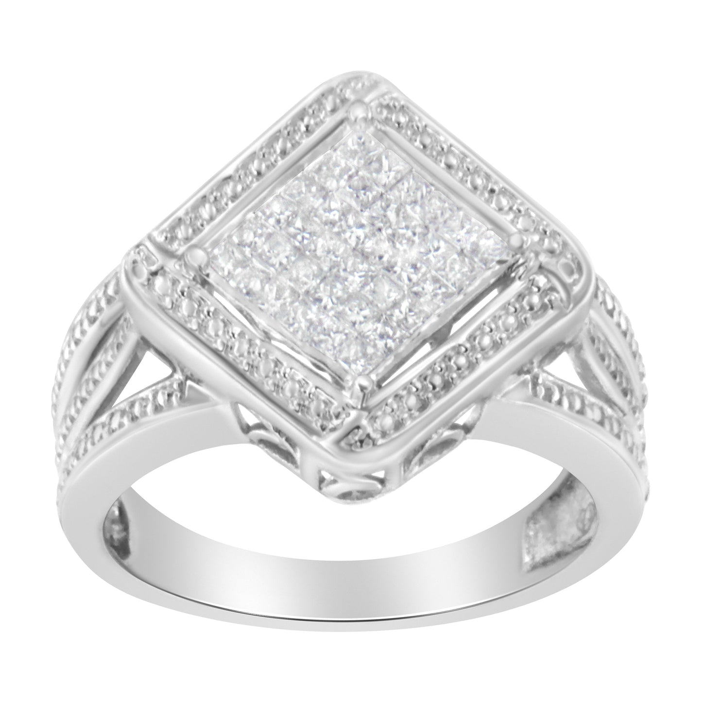 Anillo de cóctel de diamantes de corte princesa de plata esterlina .925 elegante - Talla 6