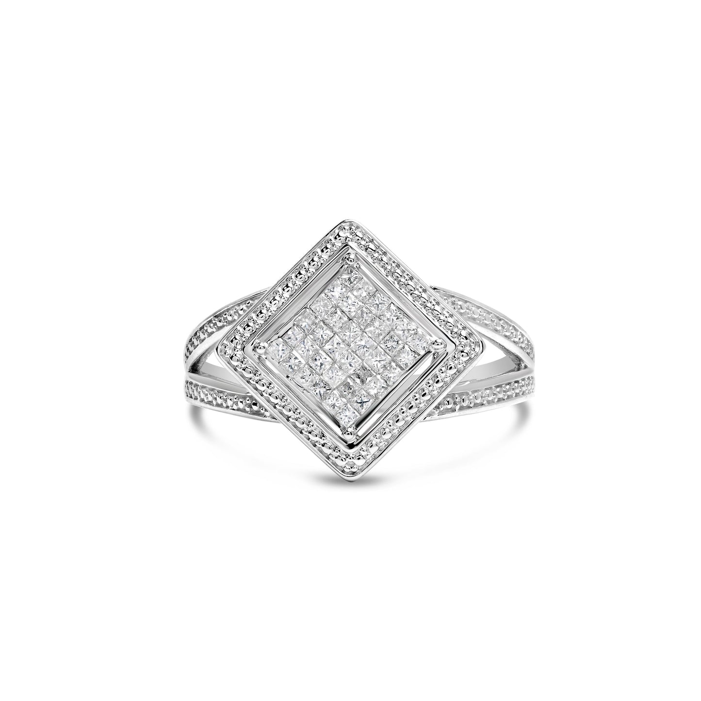 Anillo Halo de Diamante Corte Princesa de Plata Esterlina .925 - Tamaño 7