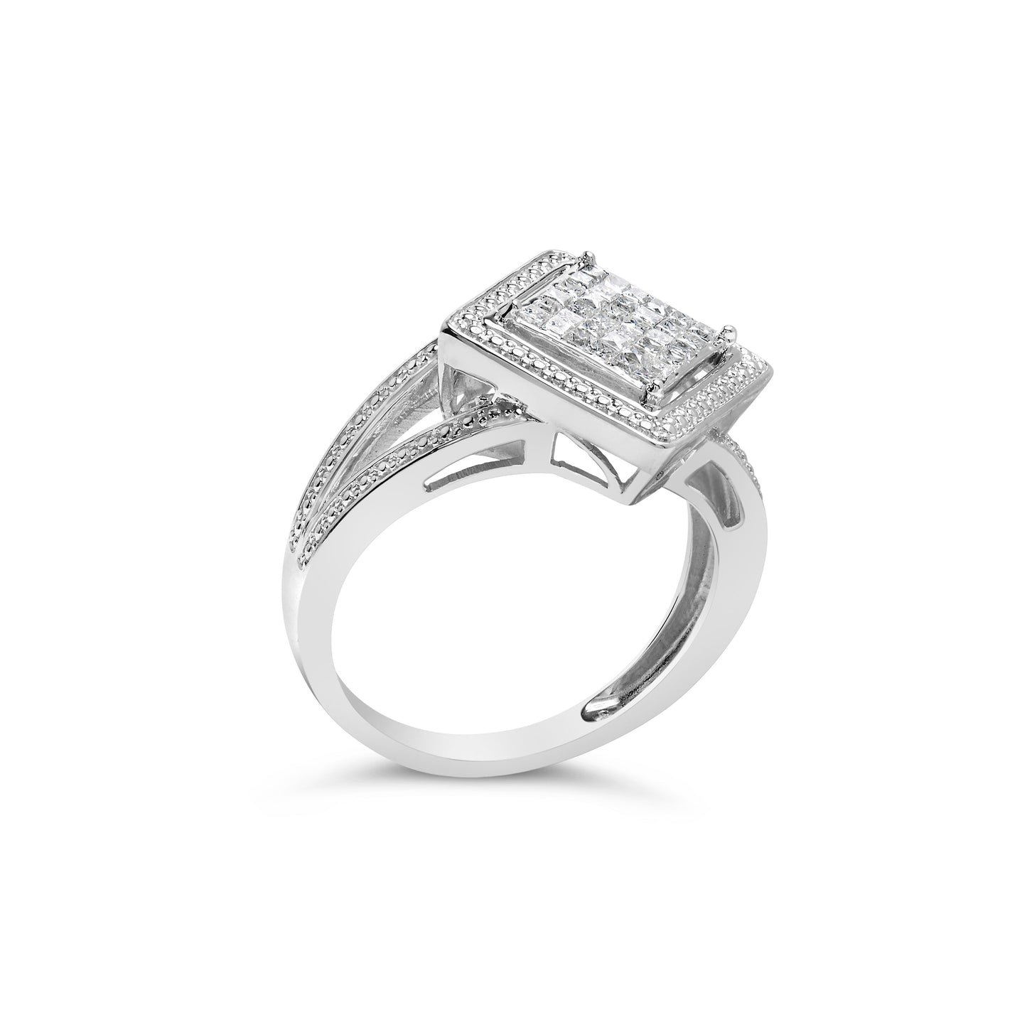 Anillo Halo de Diamante Corte Princesa de Plata Esterlina .925 - Tamaño 7