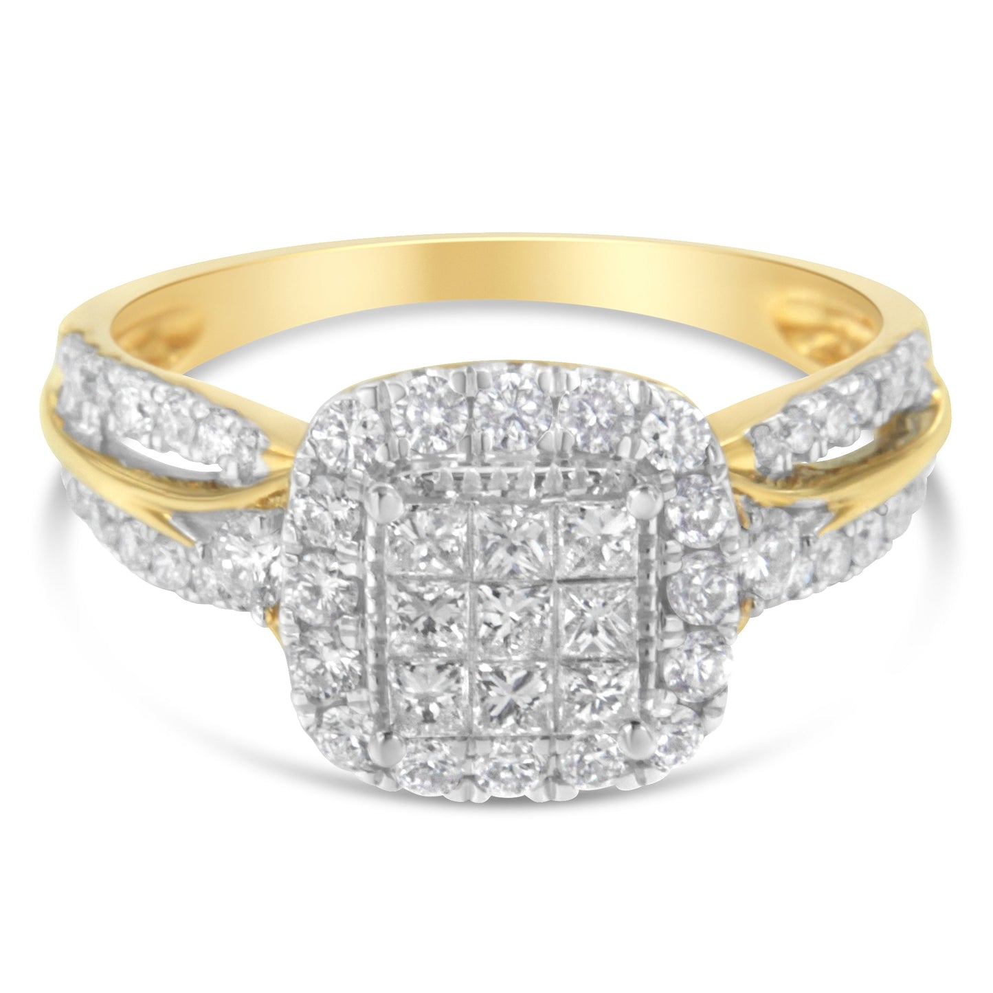 10K Yellow Gold 1.0 Cttw Diamond Composite Cushion Halo Engagement Ring