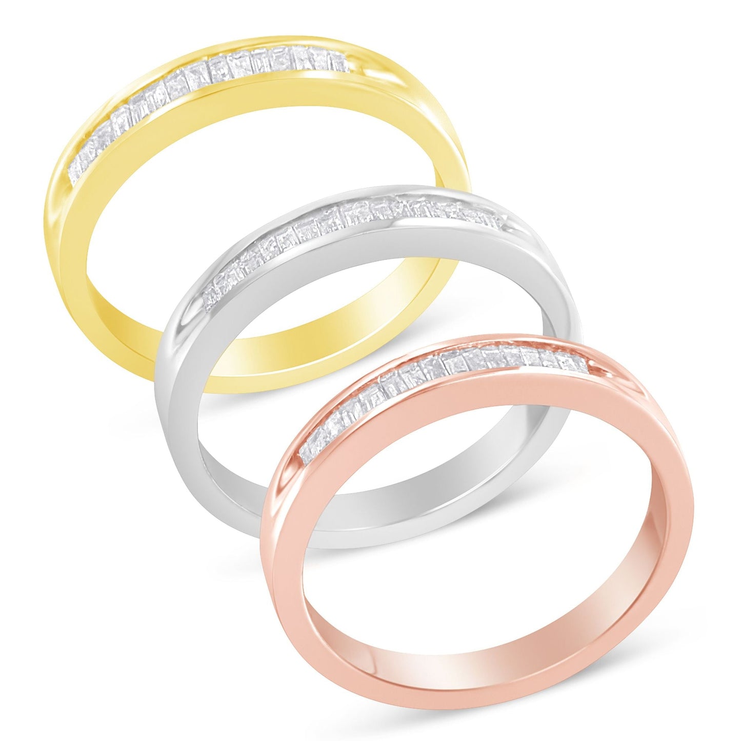 10K Gold Over Sterling Silver Diamond Channel-Set Stackable Band Ring Set