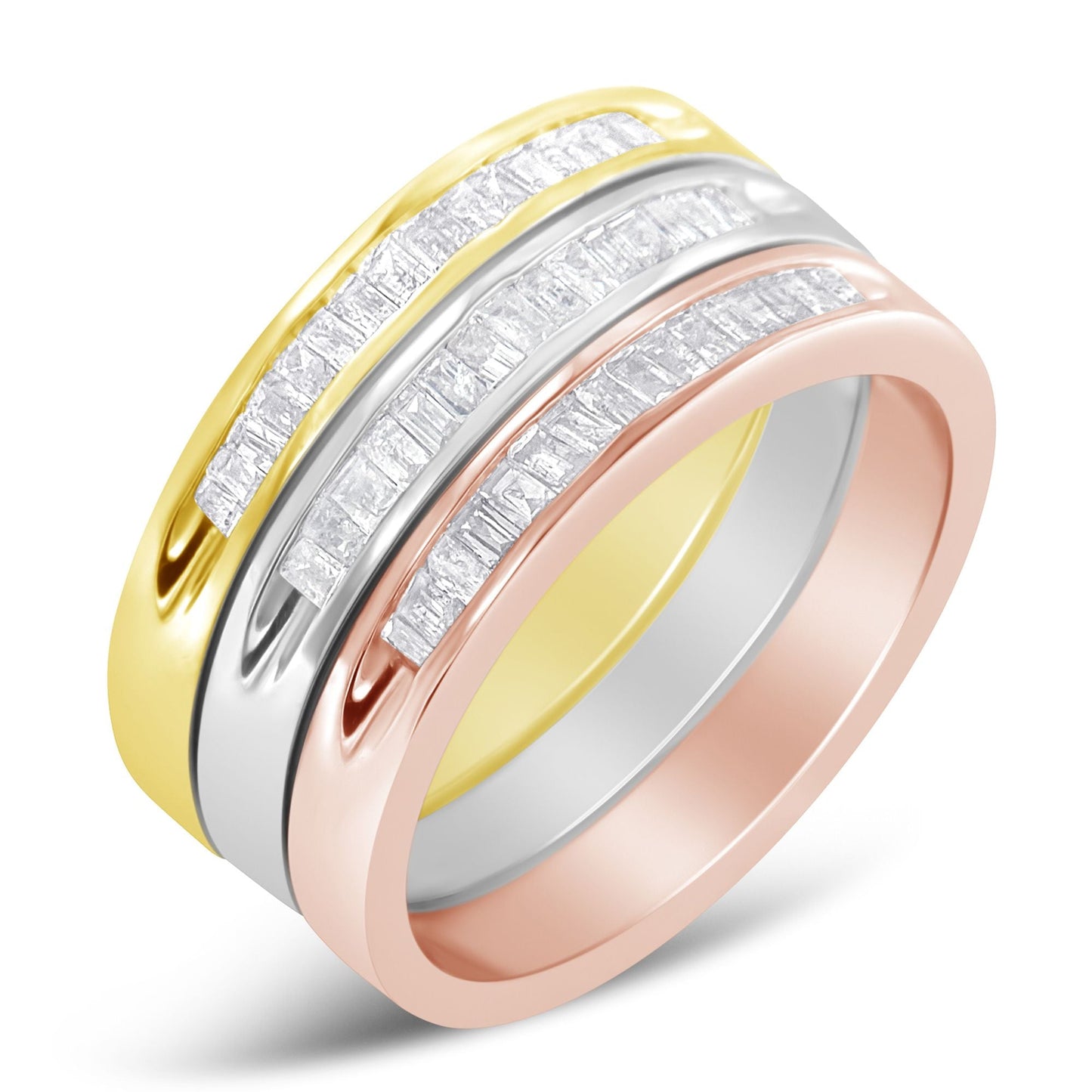 10K Gold Over Sterling Silver Diamond Channel-Set Stackable Band Ring Set