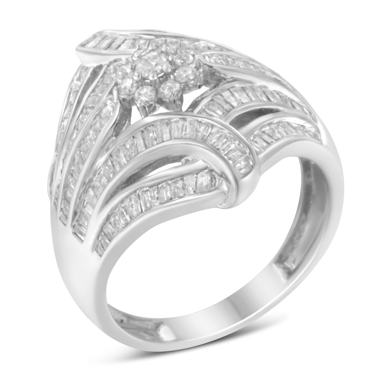 Anillo de cóctel de diamantes en forma de flor y helecho de plata esterlina .925 - Talla 6