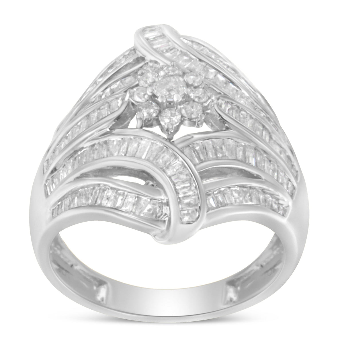 Anillo de cóctel de diamantes en forma de flor y helecho de plata esterlina .925 - Talla 6
