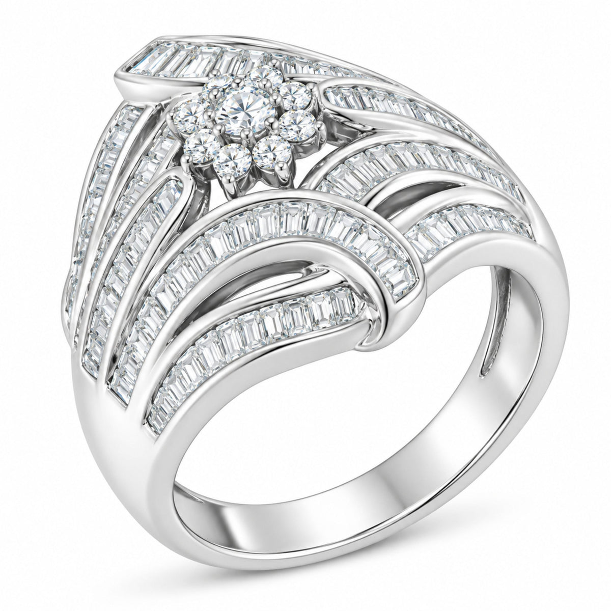 Anillo de cóctel de diamantes en forma de flor y helecho de plata esterlina .925 - Talla 6