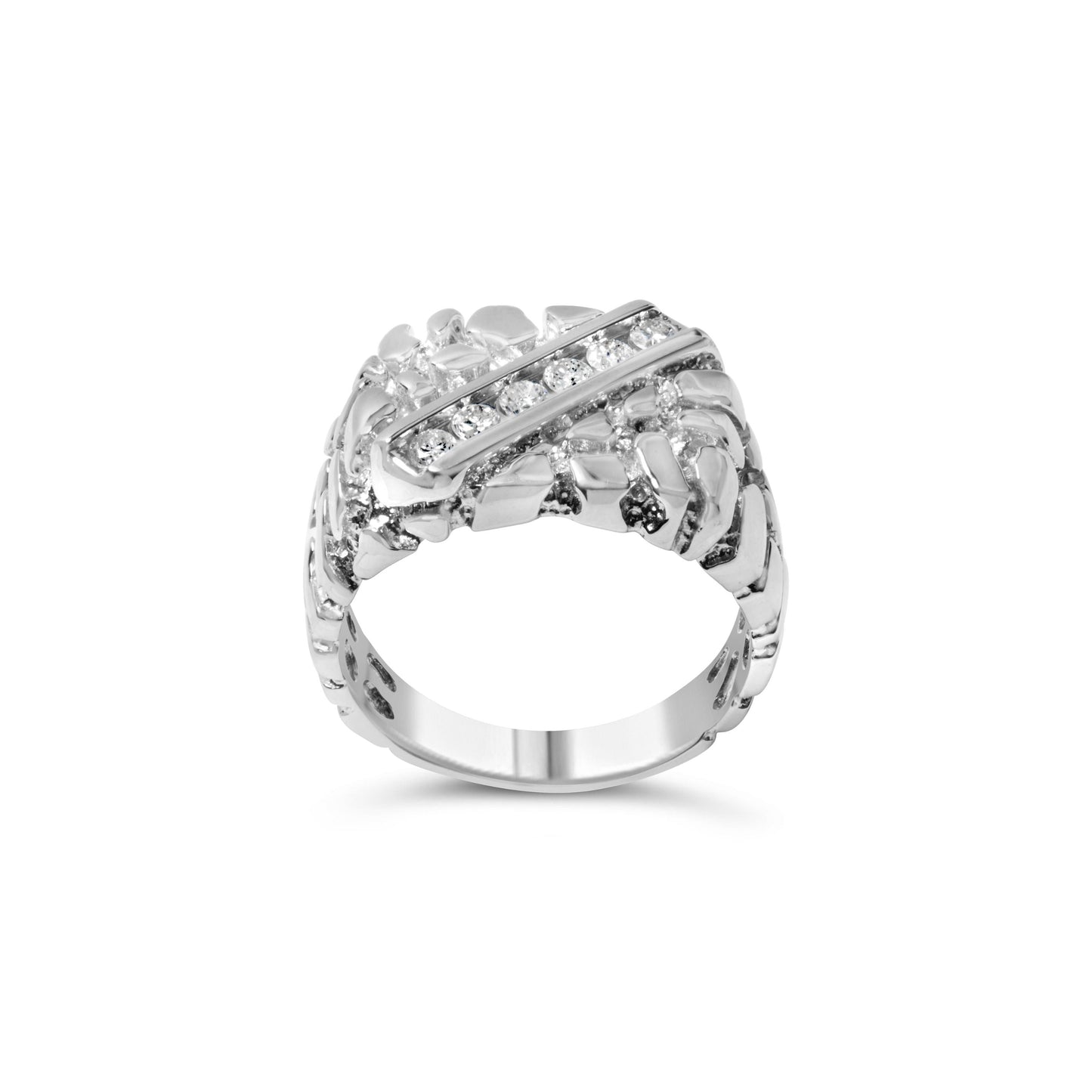 .925 Sterling Silver Diamond Nugget Gents Ring - Size 10