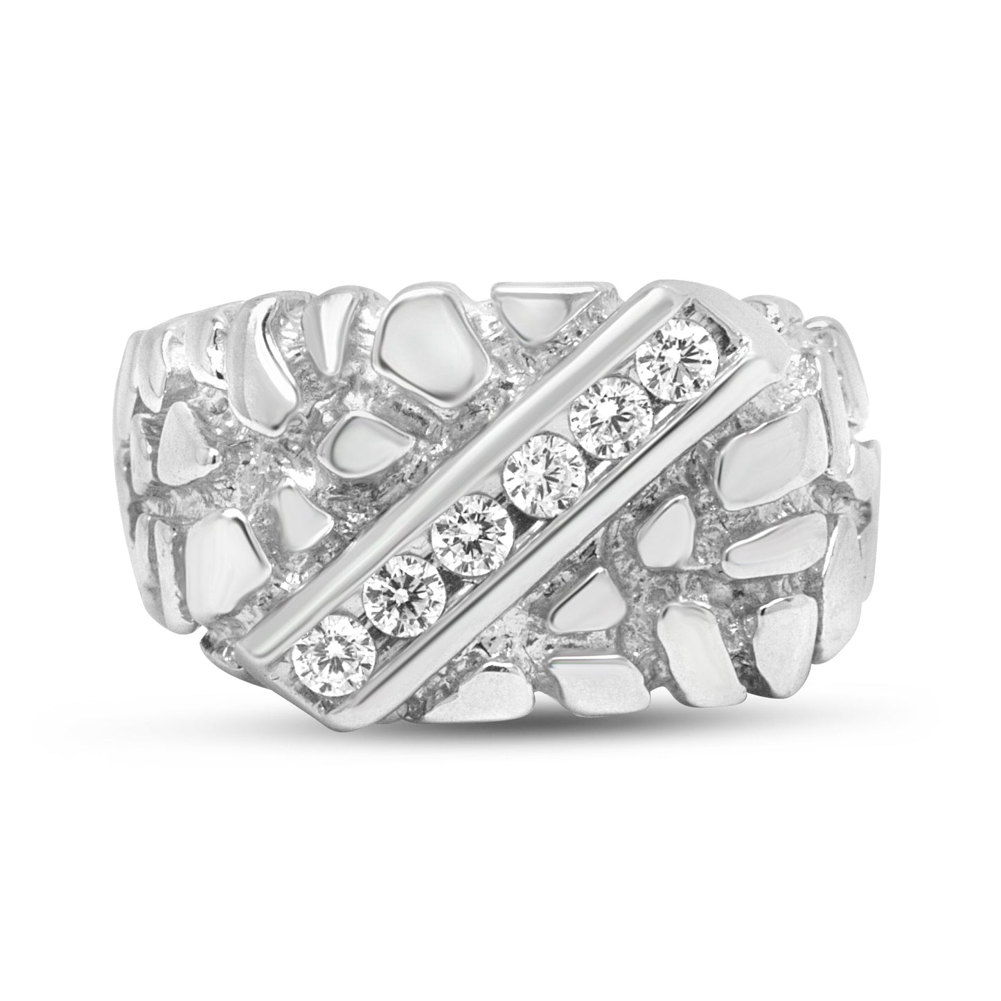 .925 Sterling Silver Diamond Nugget Gents Ring - Size 10
