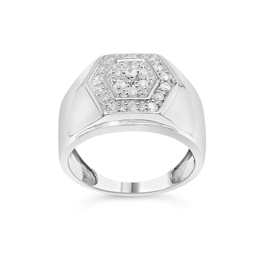 Bague hexagonale en argent sterling .925 avec plusieurs diamants pour homme - Taille 10
